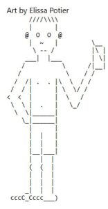 Ascii art depicting a man stood in swimming trunks with a summery drink with a straw