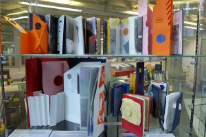 A cabinet display of experimental artist's books by Guy Begbie.