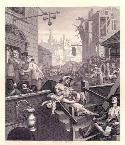 Cartoon depiction of the evils of gin consumption by British artist William Hogarth.