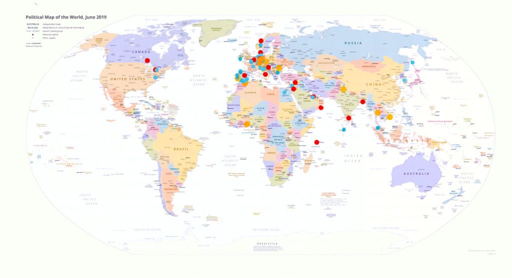 World map showing where our global students have arrived from (September 2019)