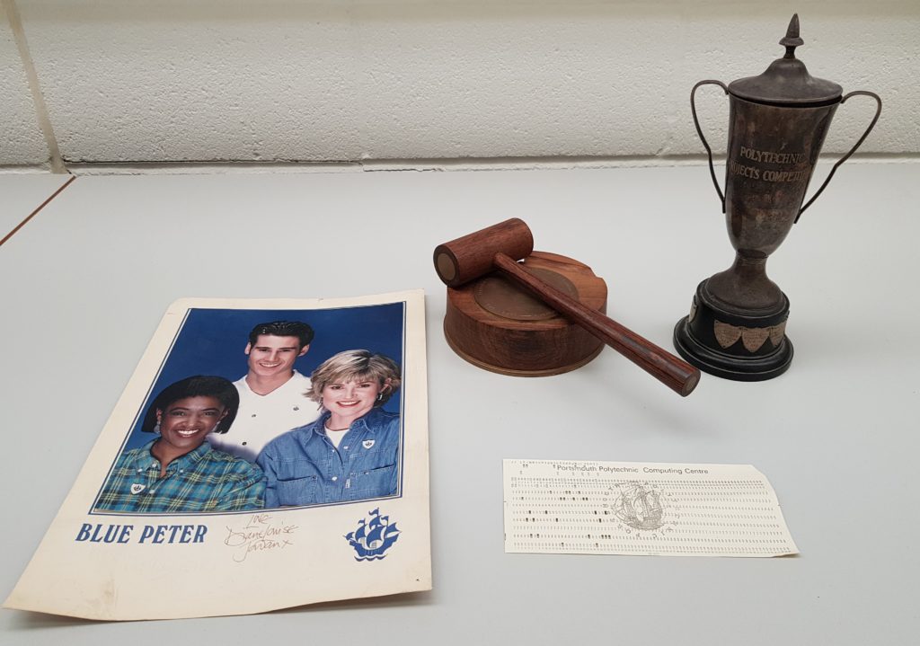 Surprising items from the Archive, including a signed Blue Peter leaflet, judge's gavel and other paraphernalia.