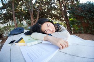 Student asleep atop a pile of books and notes