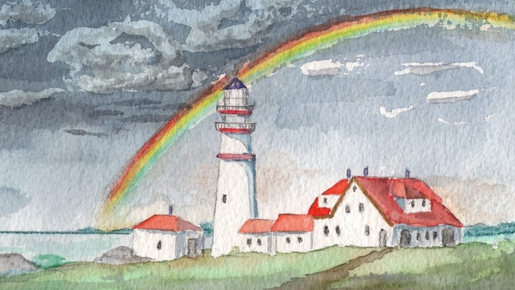 Rainbow over coastal village with lighthouse (watercolour painting)