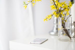 iPhone resting beside a vase of yellow flowers (representing 'art')