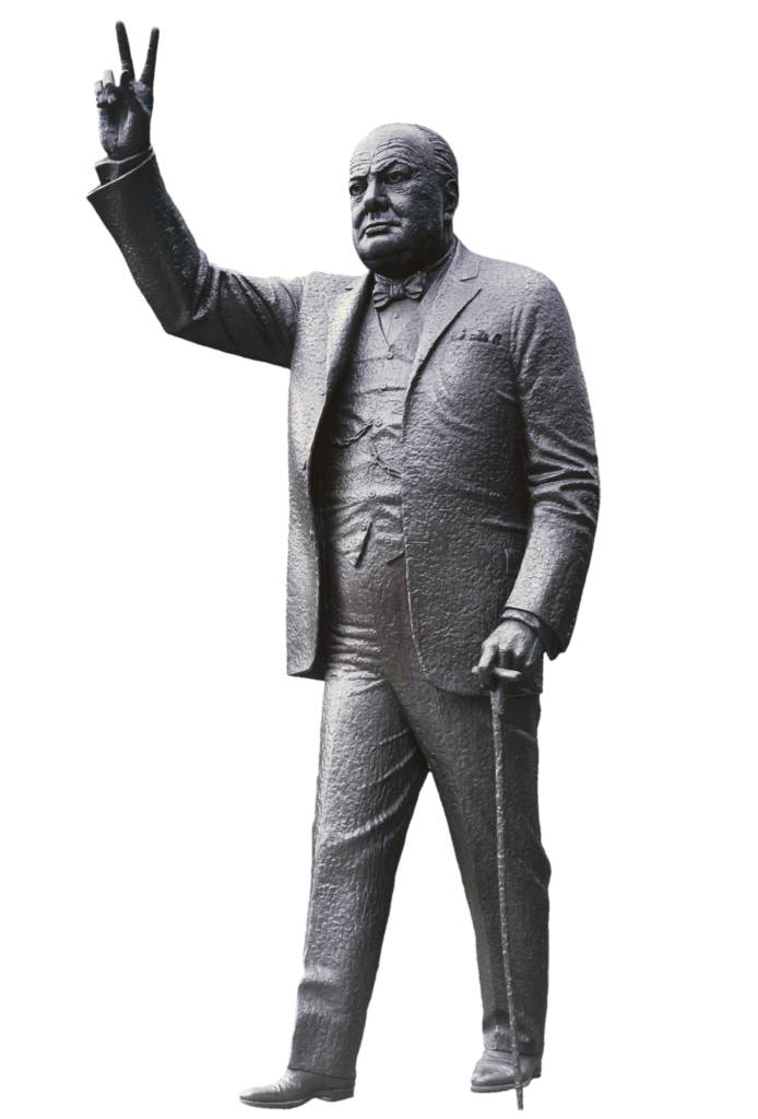 Statue of Sir Winston Churchill with walking cane, giving his familiar 'V for victory' salute.