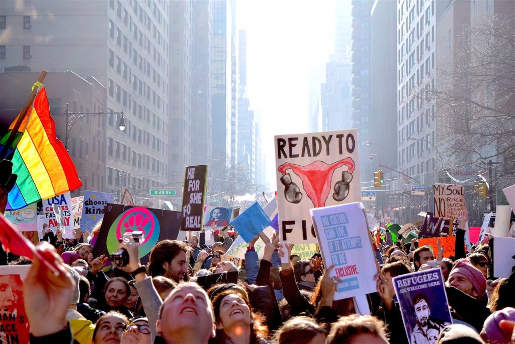 A women's political march in the USA representing a variety of causes, all aligned with anti-fascism and promoting a more tolerant and inclusive society.