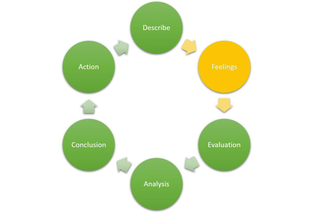 Diagram depicting the steps in Gibbs' Reflective Cycle, namely Describe > Feelings > Evaluation > Analysis > Conclusion > Action.