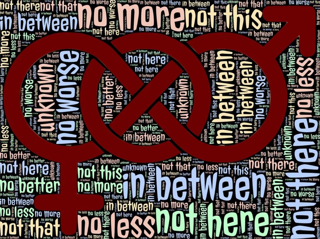 Male and female symbols interconnected set against a field comprising phrases including "not this", "no better, no less", "in between", "not less, "not here".