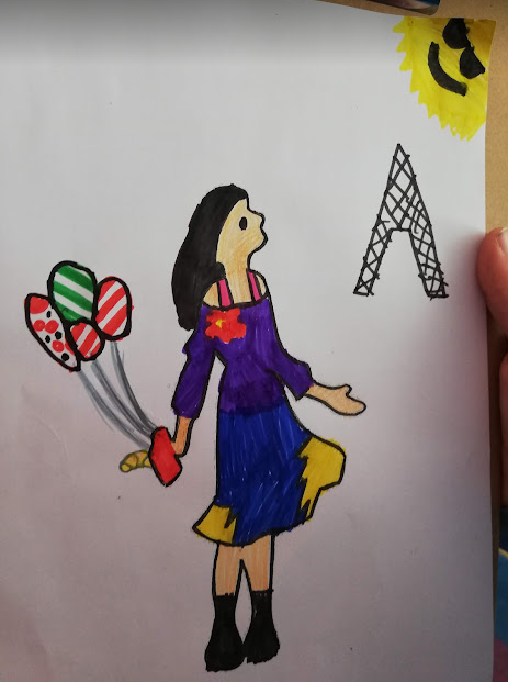 Drawing of a woman in purple and blue carrying a croissant and balloons looking towards the Eiffel Tower.