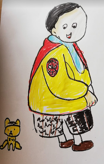 Drawing of a Chinese child in a Spiderman top with a small dog