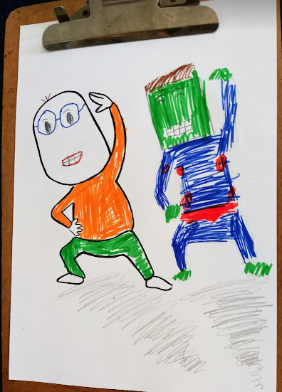 Drawing of a human figure wearing glasses and a similar-sized green skinned figure exercising together.  