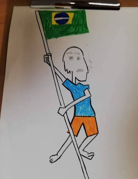 Drawing of a man in t-shirt and shorts carrying a flag pole bearing a Brazilian flag.