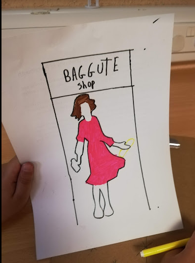 Drawing of a woman dressed in pink in the doorway of a "BAGGUTTE [baguette] shop".  