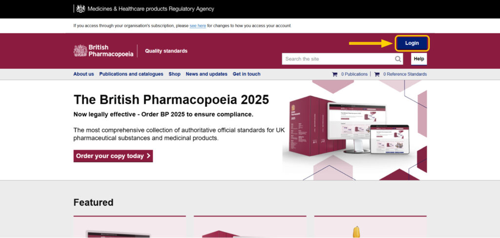 British Pharmacopoeia homepage with the "Login" button highlighted