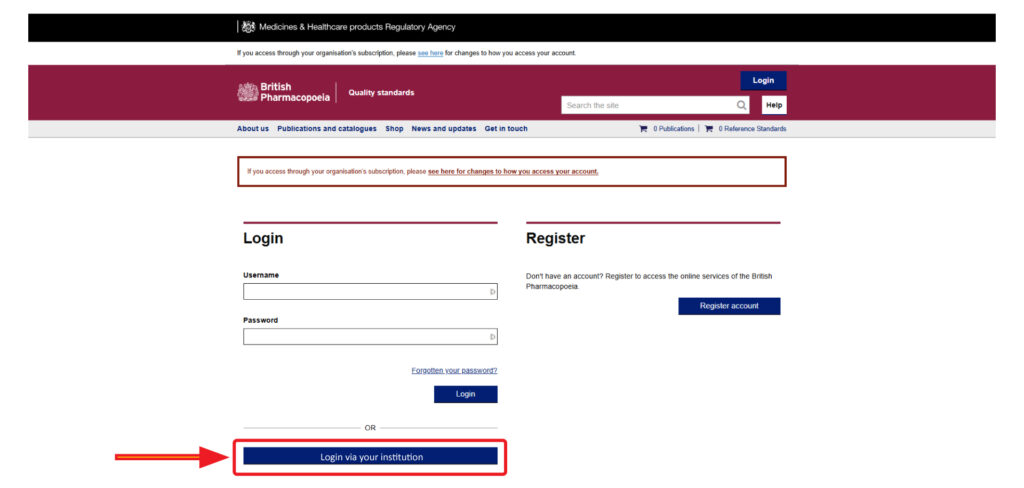 British Pharmacopoeia login page showing the "Login via your institution" option being selected.  