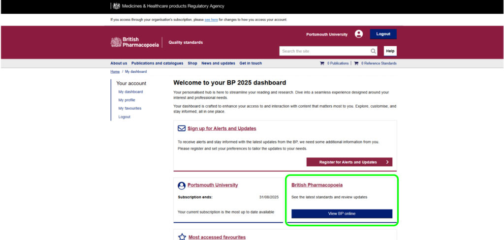 British Pharmacopoeia homepage showing someone logged in through the University of Portsmouth.