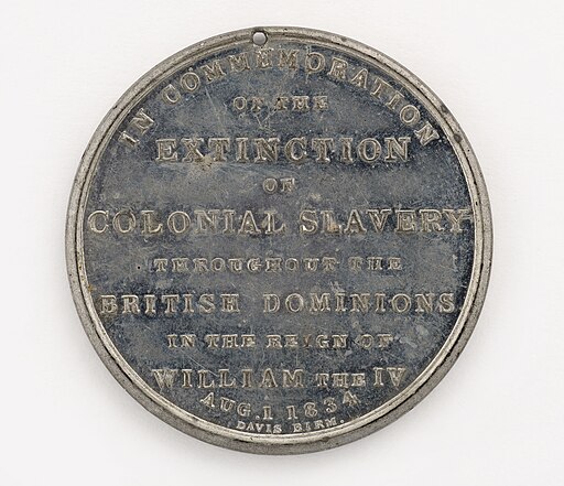 Reverse side of a medallian celebrating the end of slavery in the British Empire