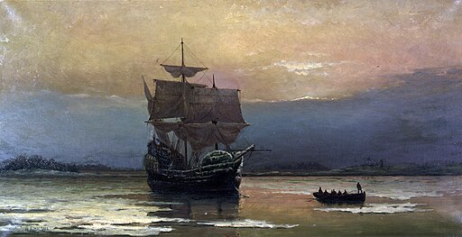 Mayflower in Plymouth Harbour - oil painting by William Halsall