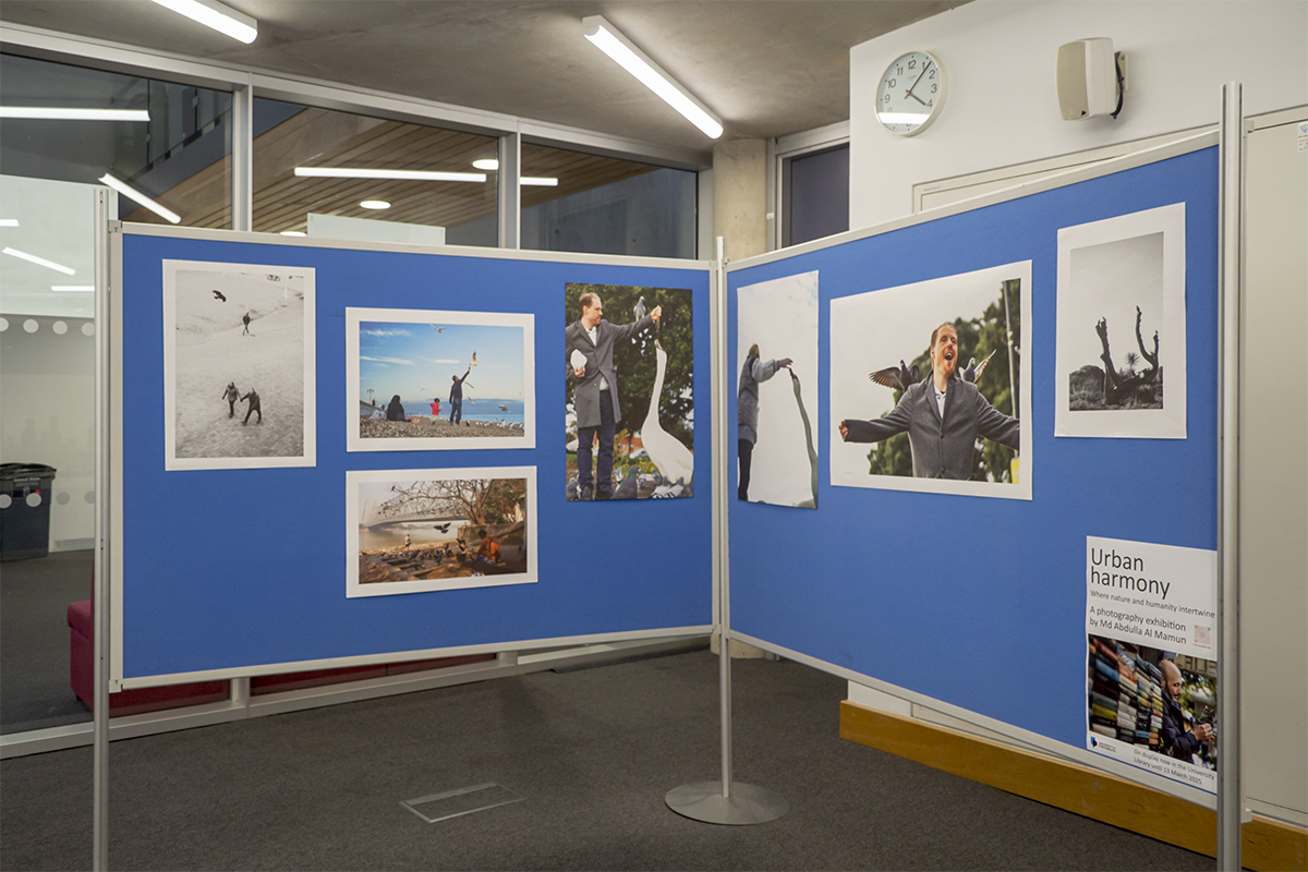 Photographs of people and animals interacting on display boards