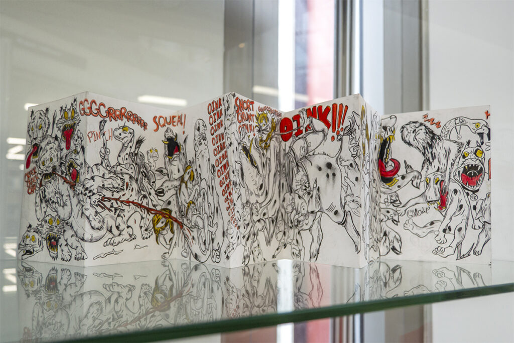 Rob Edwards' leporello depicting an ecosystem of tropical animals at war